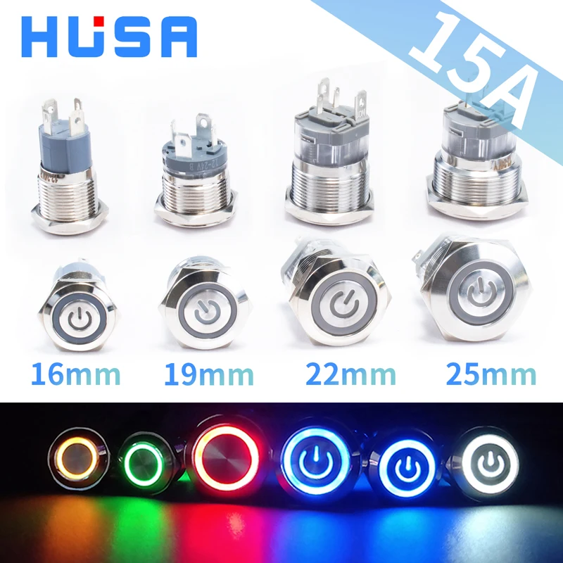 

15A 16/19/22/25mm Waterproof Metal Push Button Switch LED Light Momentary Latching Car Engine Power Switch 3~220V silver1NO
