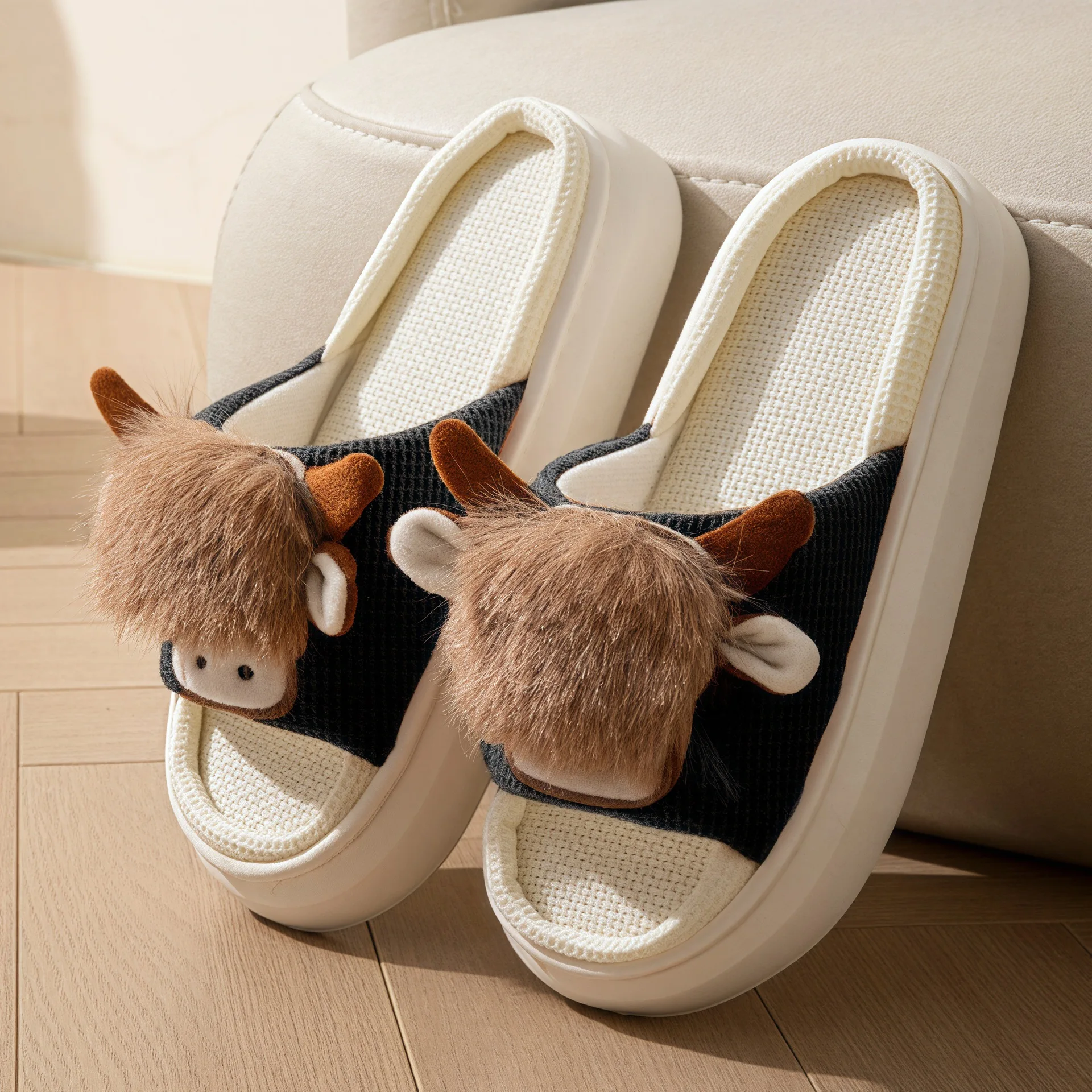 

New Cotton Linen Cow Slippers Unisex Indoor Slides Shoes Women's Summer Breathable Slipper Woman Creative Funny Animal Flip Flop