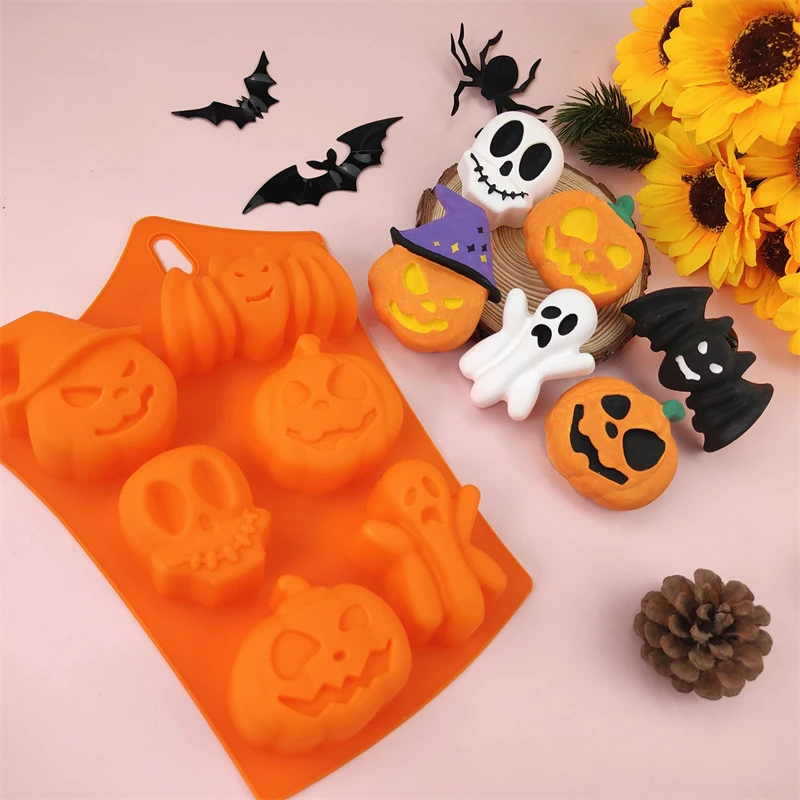 Moldes de silicone antiaderentes para halloween, molde de abóbora, caveira, morcego, forma fantasma, chocolate, doces, bolo, pudim, biscoitos, cupcakes