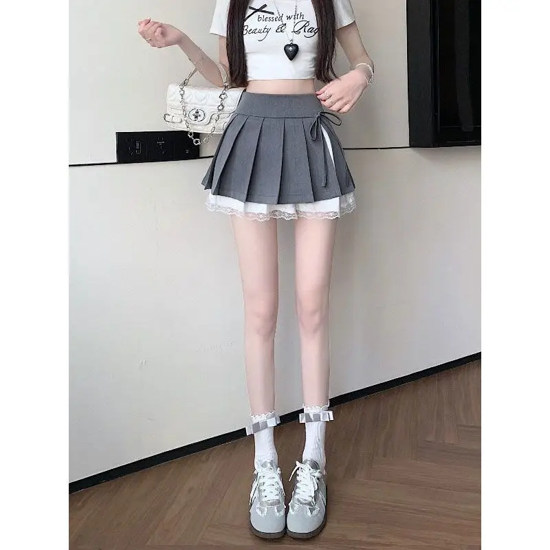 Spring Sweet Pure Desire Wind Pleated  Skirt Lace Splicing High Waist Anti-Light Super Short Skirt Girls Style Static Free