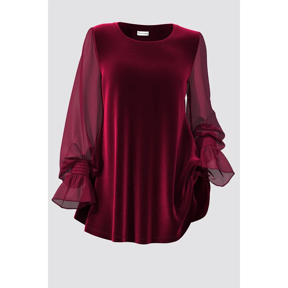 Plus Size Casual Burgundy Velvet Chiffon Patchwork Lantern Sleeve U Neck Elastic Cuff Blouse Christmas Top