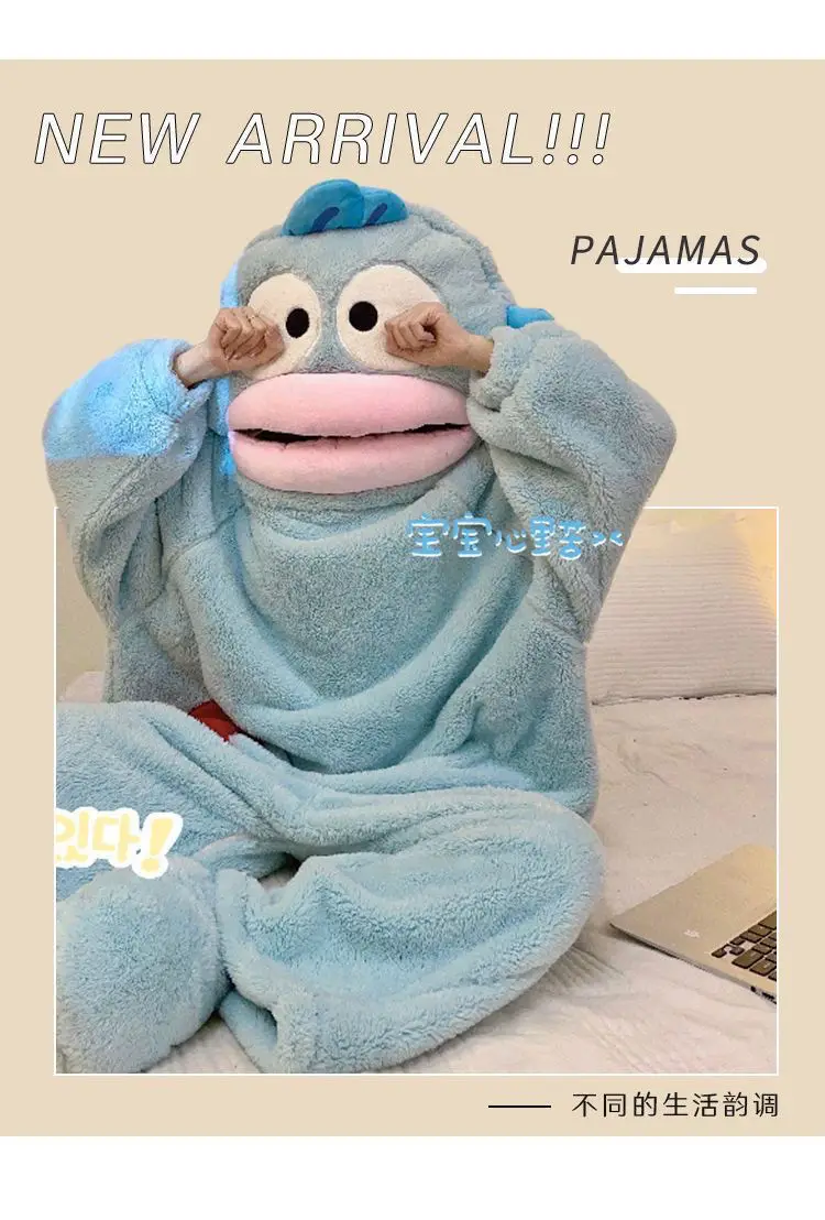 Hanton Uglyfish One-piece Pajamas Female Coral Velvet Thickened Warmth Autumn Winter Cartoon Funny Couple Nightgown Long Man