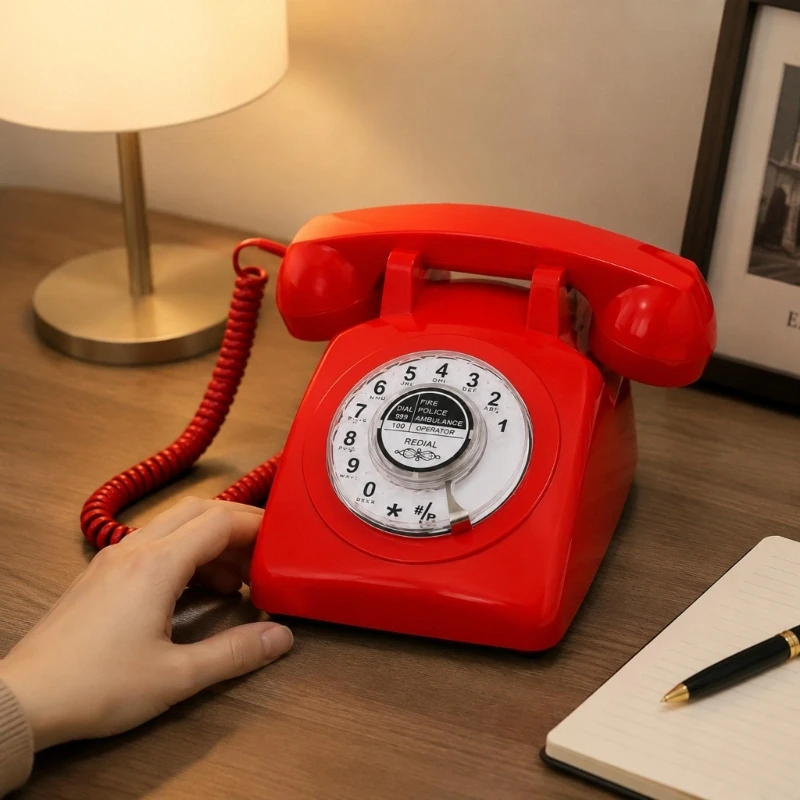Corded Telephone with Turning Number Wheel, Coiled Handset Cable for Home, Office, or Reception Calls Fixed Phone D2RC