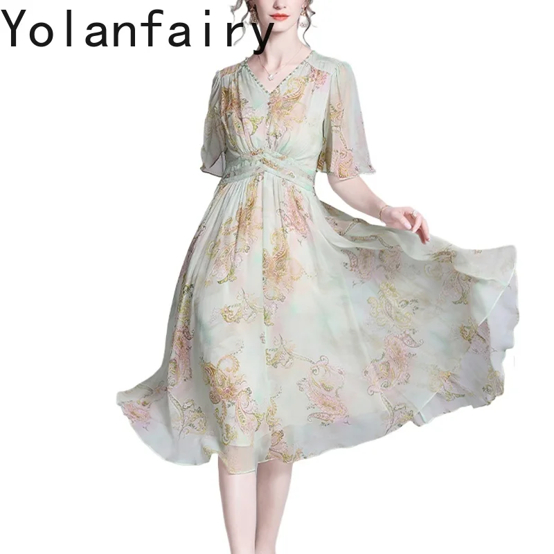 YOLANFAIRY 100% فساتين حرير التوت الطبيعي للمرأة الصيف عطلة الشاطئ نمط فستان المرأة لطيف طويل فستان زهري Vestido