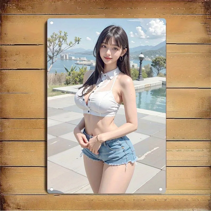 Décoration Murale Métallique : Affiche Fille en Bikini Blanc Style Coréen, Cadre en Fer, pour Maison, Bar, Café, Art 2D Durable, Installation Facile, Cadeau de Fêtes