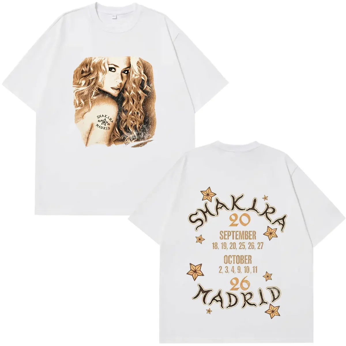 2026 Shakira  Tour Double Sided T-shirt, Vintage Portrait Concert Date Retro Distressed Graphic Street Tee Men Women