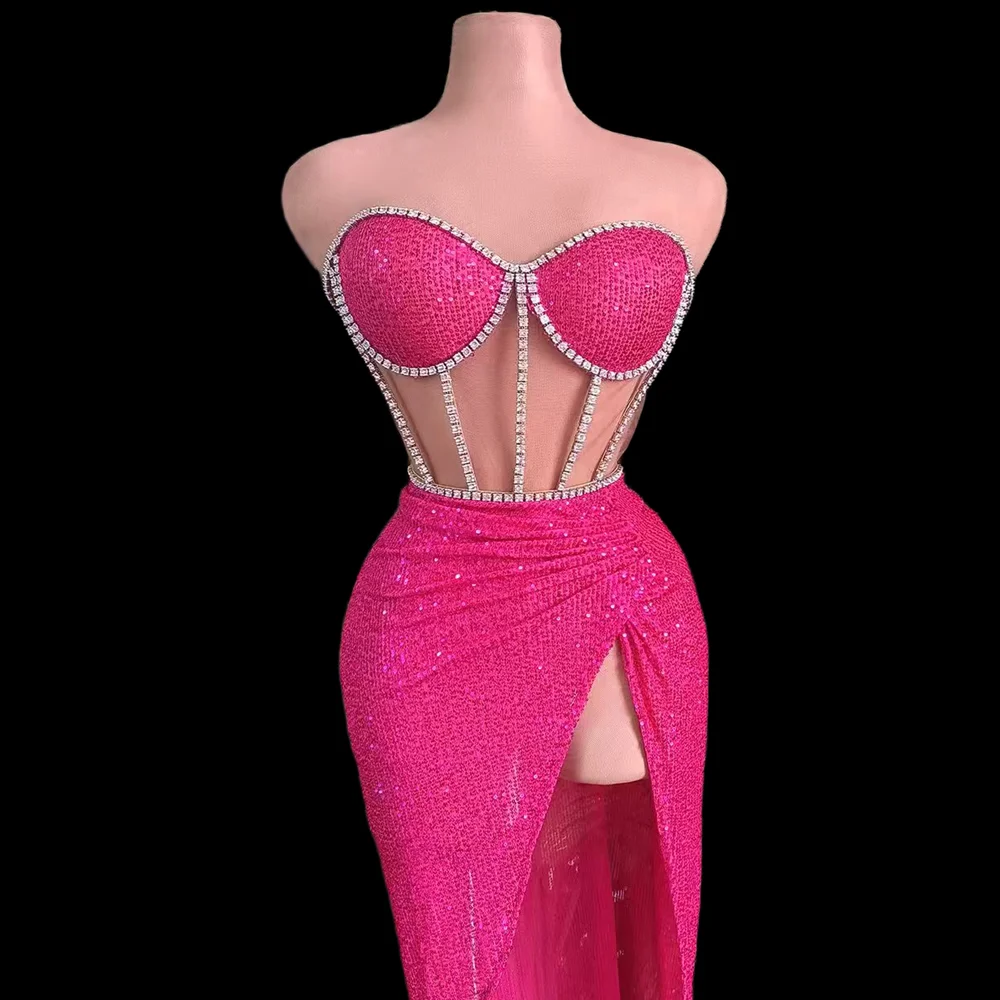 

Bling Sequin Off Shoulder Corset Top High Slit Long Skirts 2 Piece Outfit Sets Ladies Evening Cocktail Dress Women Party Wear