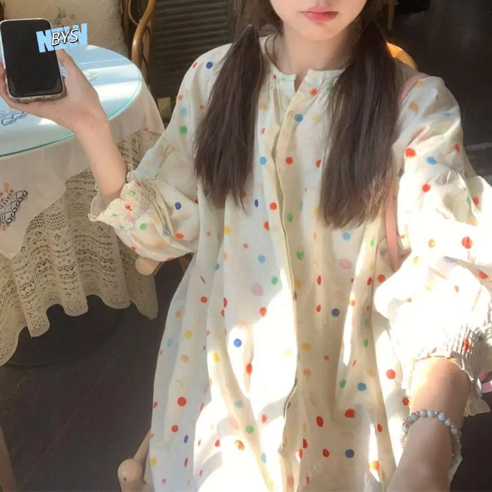 

Модная милая красочная блузка в горошек, свободная повседневная плиссированная рубашка, топ, тонкая весенне-осенняя рубашка на пуговицах, женская уличная одежда