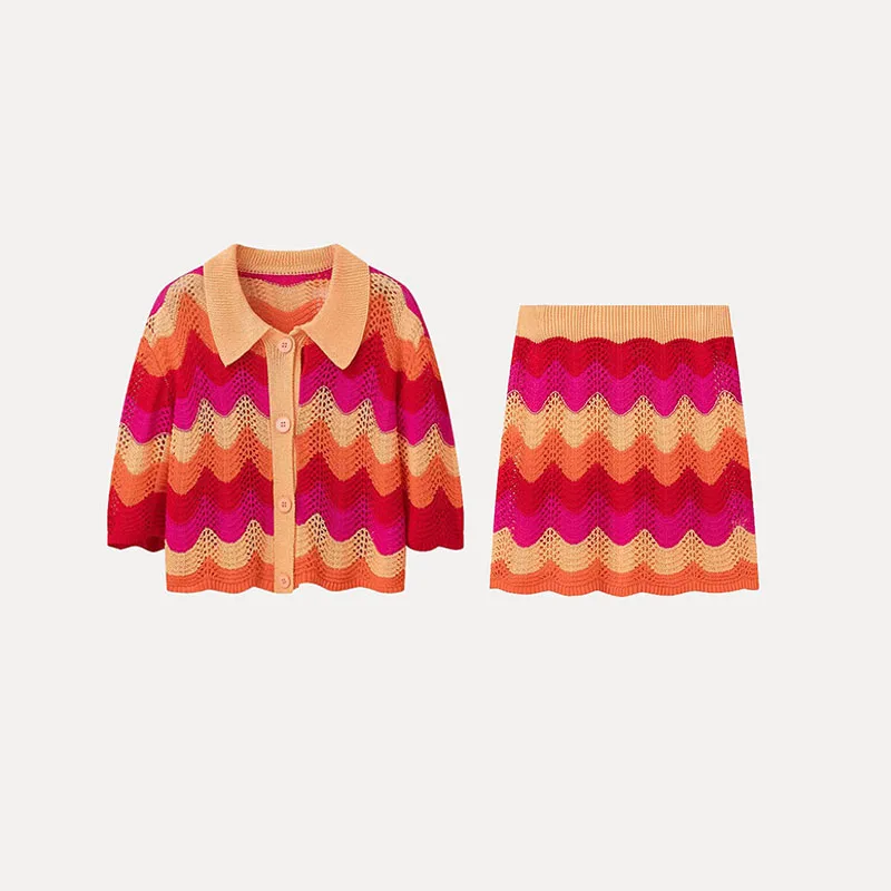 Conjunto de Top de Meia Manga em Malha E e  Saia Casual Primavera 2025 Moda Fena Conjunto de Fibra de Poliéster