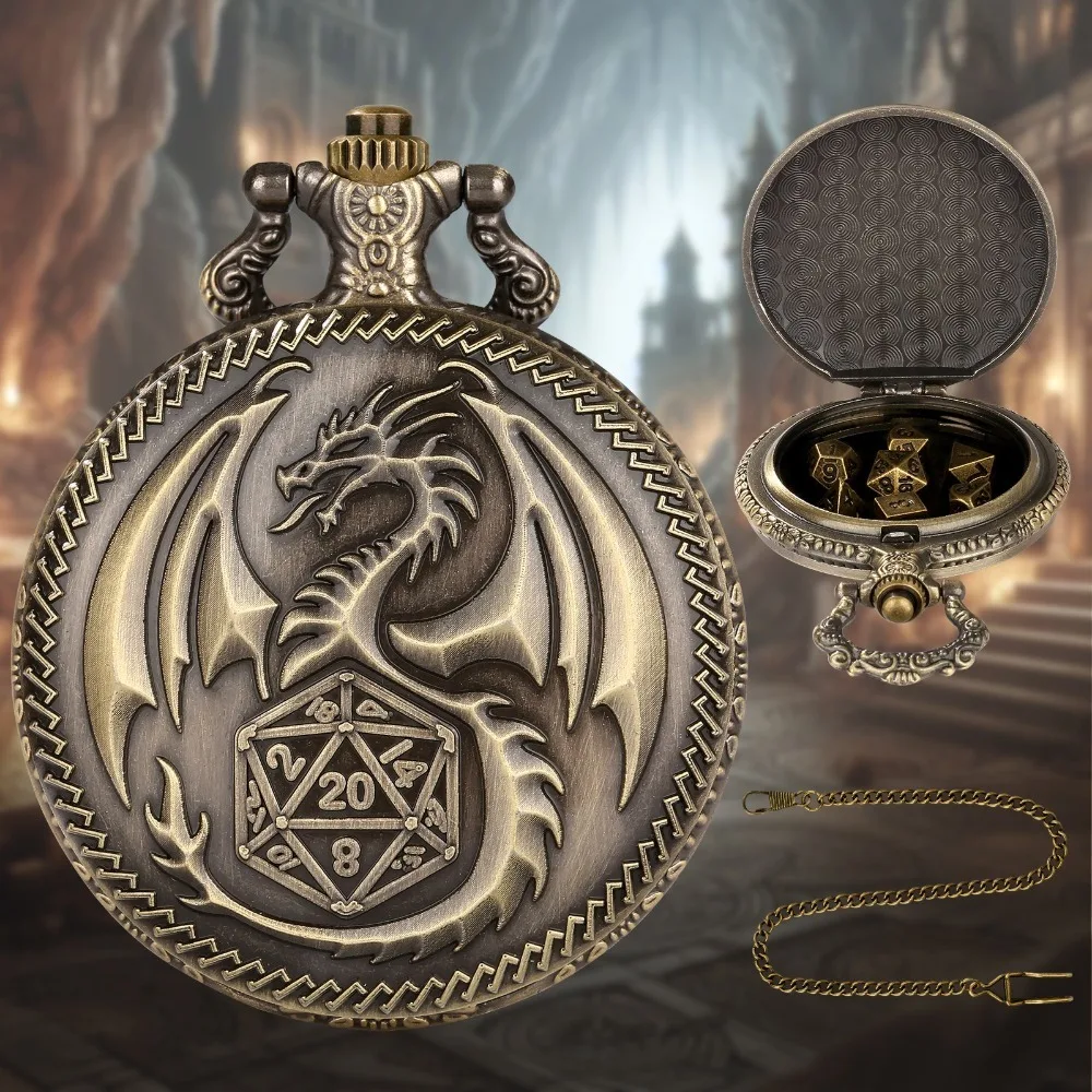 Metallic Polyhedral Dice Set D&D Themed Pocket Watch Case Combines Dice Vintage Dragon Design Dice Pendant Chain