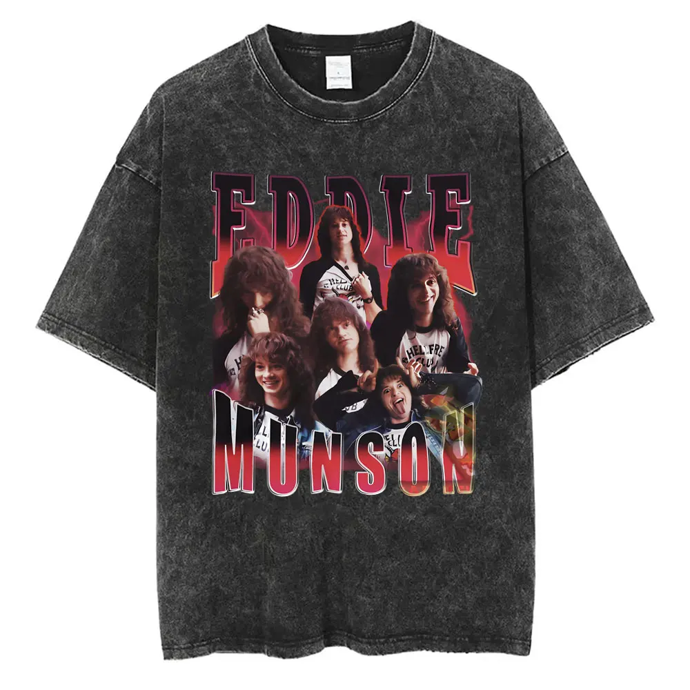 Washed Vintage Eddie Munson Graphic T-shirts Demogorgon Cannibal Flower Monster Tshirt Men Crewneck Oversized T Shirt Streetwear