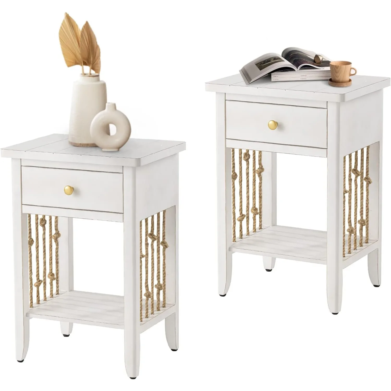 Set of 2 Farmhouse Nightstand, 2-Tier Side Table,MDF End Table with Hemp Rope Decor,Wood Accent Table with Storage Drawer, White