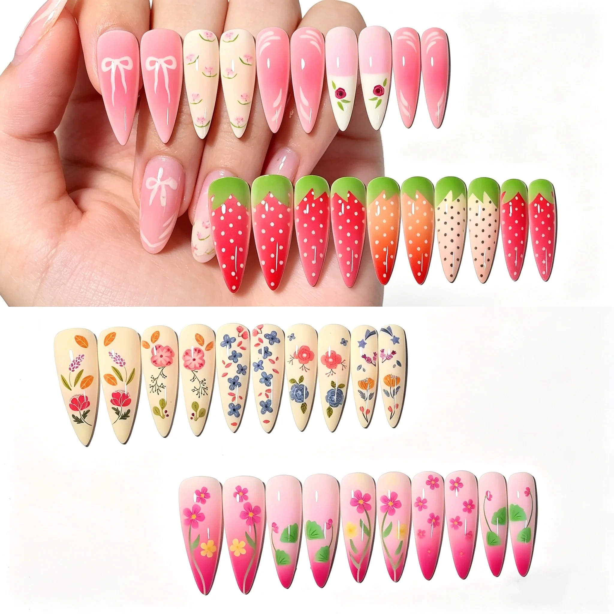 

96Pcs Cute Cartoon Gradient Pink Strawberry Fake Nails Long Stiletto Press On Nails French Hand Painted Floral Bow False Nails *
