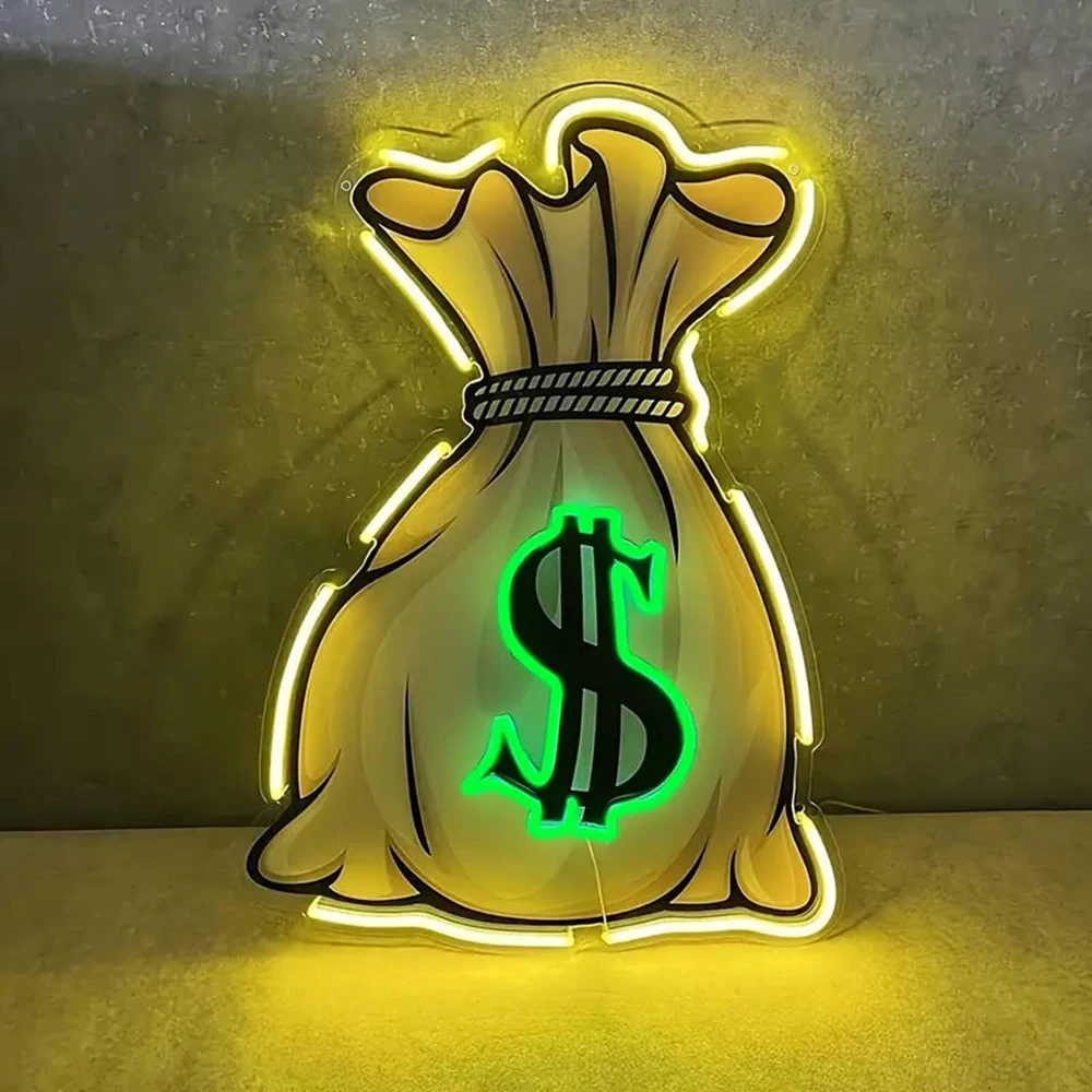 Money Bag Neon Signs Light Up for Office Room Man Cave Decor LED Neon Lights Home Bedroom Party Bar Shop Decoration Sign Lamp