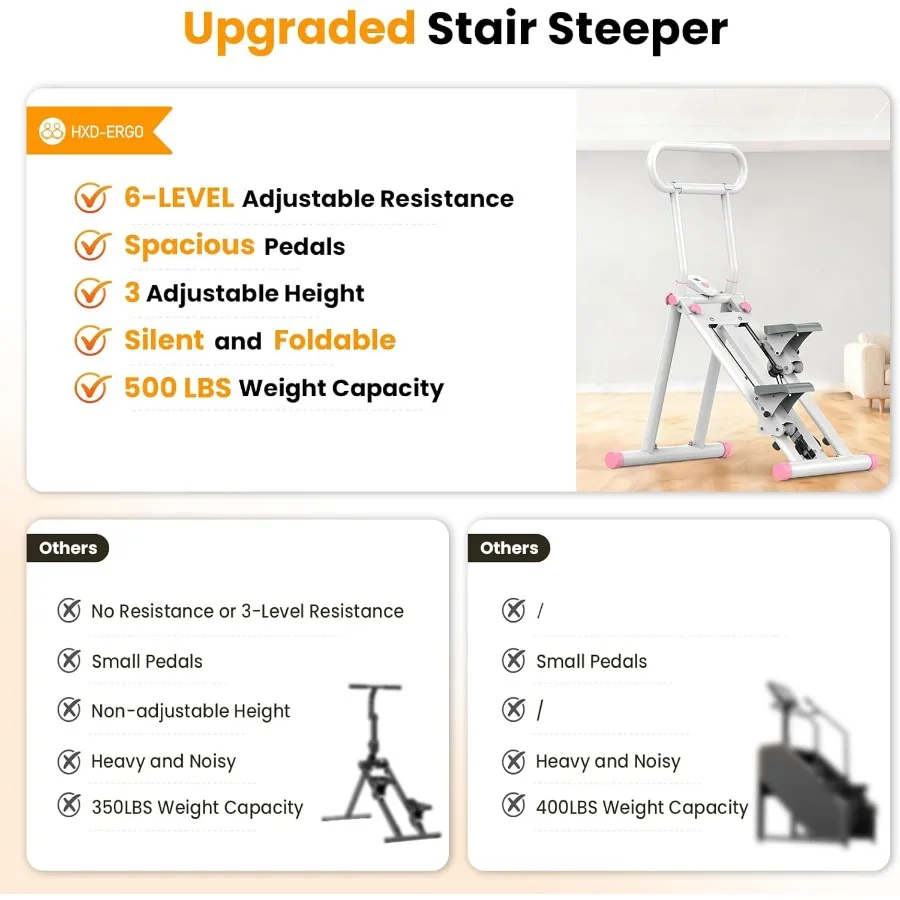 ترقية سائر الدرج HXD-ERGO مع مقاومة 6 مستويات ومقود قابل للتعديل للياقة البدنية المنزلية تصميم مدمج قابل للطي مثالي f