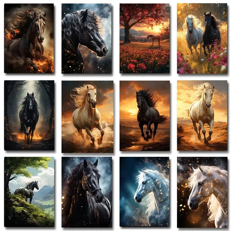 Oil Painting by Number Kit Black Horse and White Horse Animal Canvas Wall Art for Adults DIY Home Decor Gift