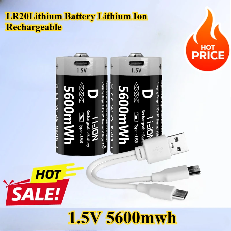 

USB 5600mWh D-type Battery LR20 Lithium Battery Lithium Ion Rechargeable D-type Battery 1.5V Suitable for Gas Appliances