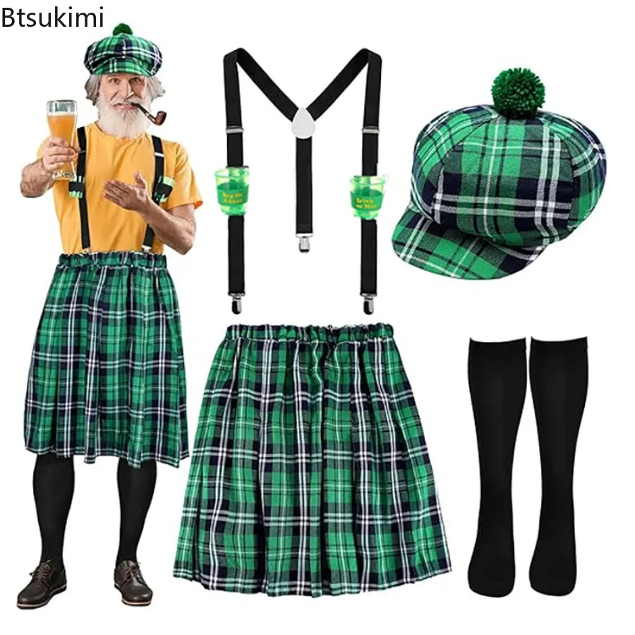 St. Patricks Day Costume Set Irish Green Plaid Skit Suspenders Hat and Socks  Festival Party Favor Patrick's Day Dressing Up Set