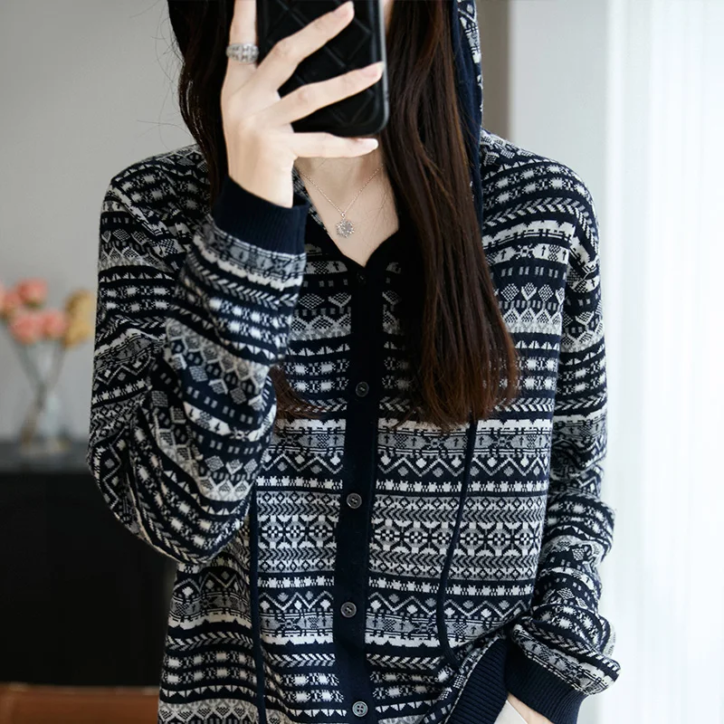 

Женская вязаная толстовка с капюшоном, пальто, повседневное шерстяное пальто, свободный жаккардовый ретро-модный модный осенне-зимний универсальный