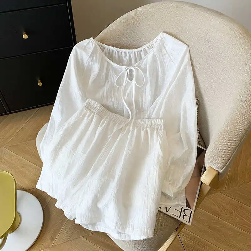 Costume coréen décontracté pour femmes, manches longues, à lacets, Protection solaire, hauts, taille élastique, jambes larges, short, ensemble deux pièces ample, été