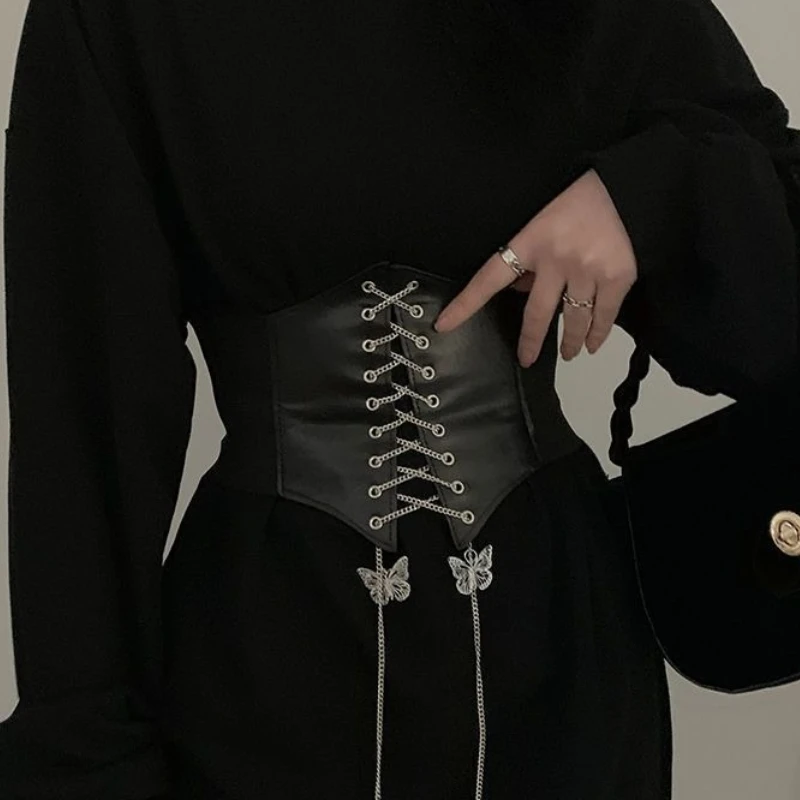 Женский модный корсет с широким поясом из искусственной кожи, эластичный пояс для похудения, цепочка с бабочками, готическое платье, универсальные пояса