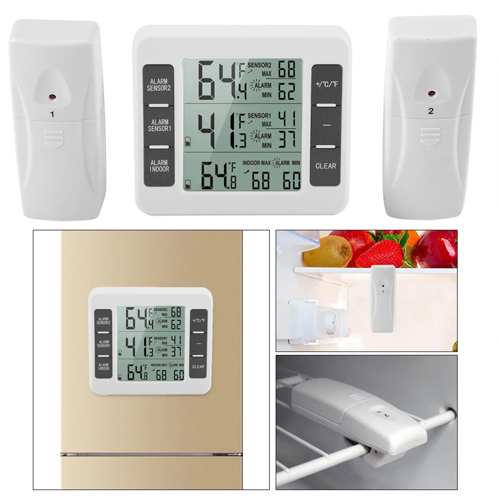 

1PC Wireless Digital Refrigerator Thermometer Audible Alarm with Sensor Min/Max Memory 328ft Range Kitchen Home Restaurant