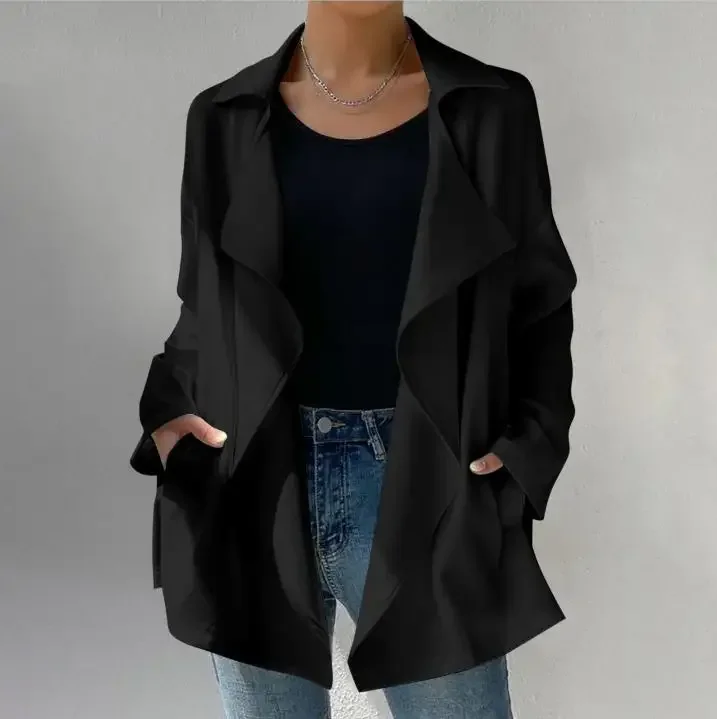 2023 Casual Women's Outerwear with White Top Lapel Pocket Trench Coat