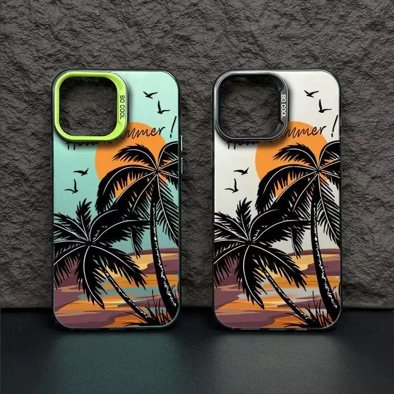 Coconut tree Silver Phone Case For iPhone 11 12 13 14 15 Pro Max X XR XS Max 7 8 15 Plus SE Summer scenery Shockproof hard Cover