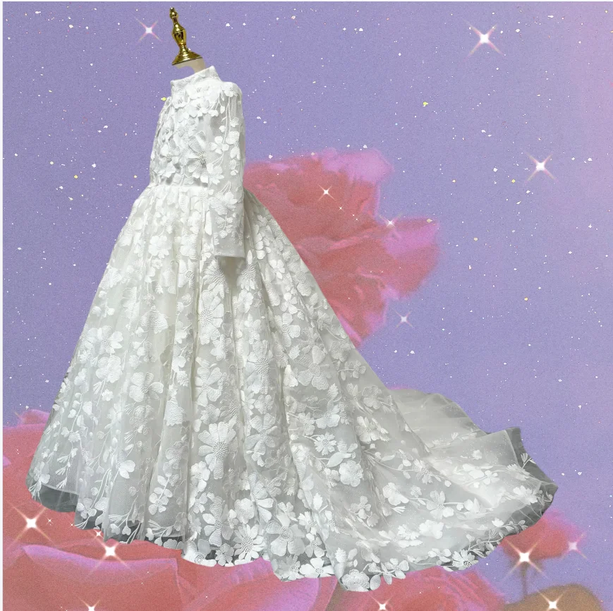 

White Flower Girl Dresses for Wedding Floral Lace Appliques Girl Prom Gown for Photoshoot First Communion Gowns Customized