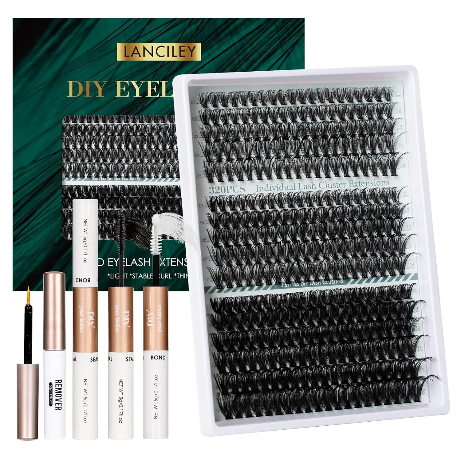 

Lash Clusters Kit 320PCS 11-20MM 40D 50D 100D Thick Volume Eyelash Extensions with Bond Seal Remover Tweezers for DIY Natural