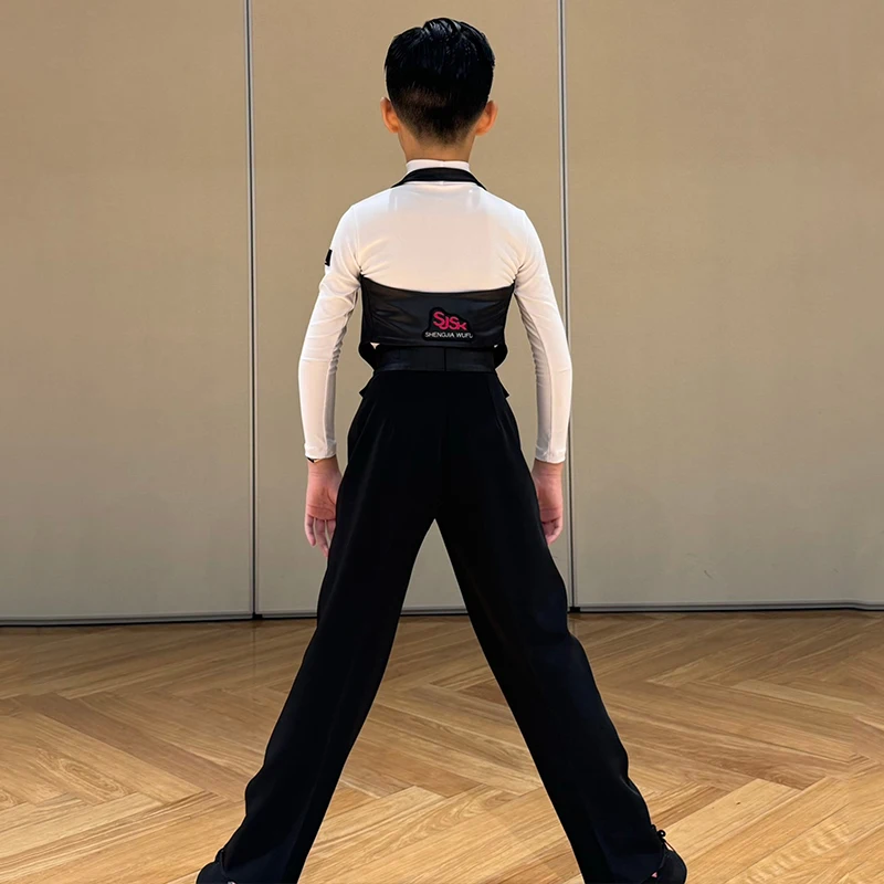 Boys Latin Dance Competition Clothing Leather Vest White Tops Black Pants Cha Cha Ballroom Dance Costume Stage Clothes DNV21123