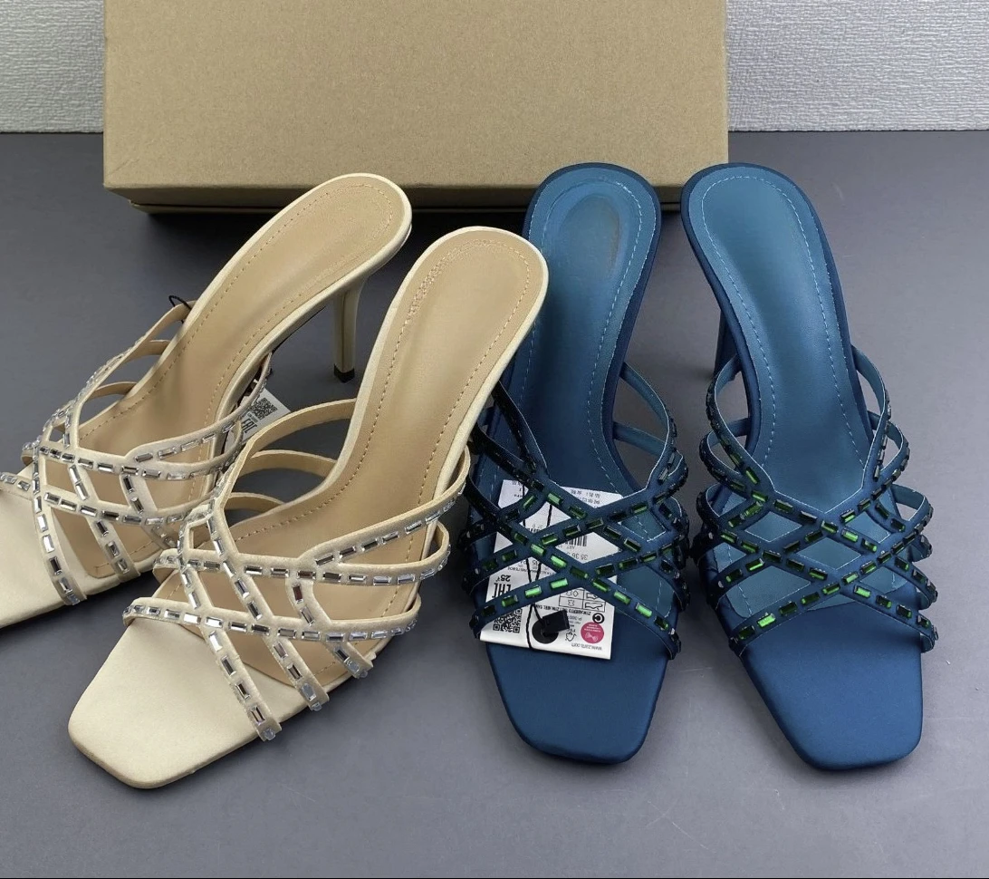 Summer New Arrival Women's Shoes Rhinestone Embellished Open-Toe High Heel Square Toe Slides Hollow French Flip-Flops