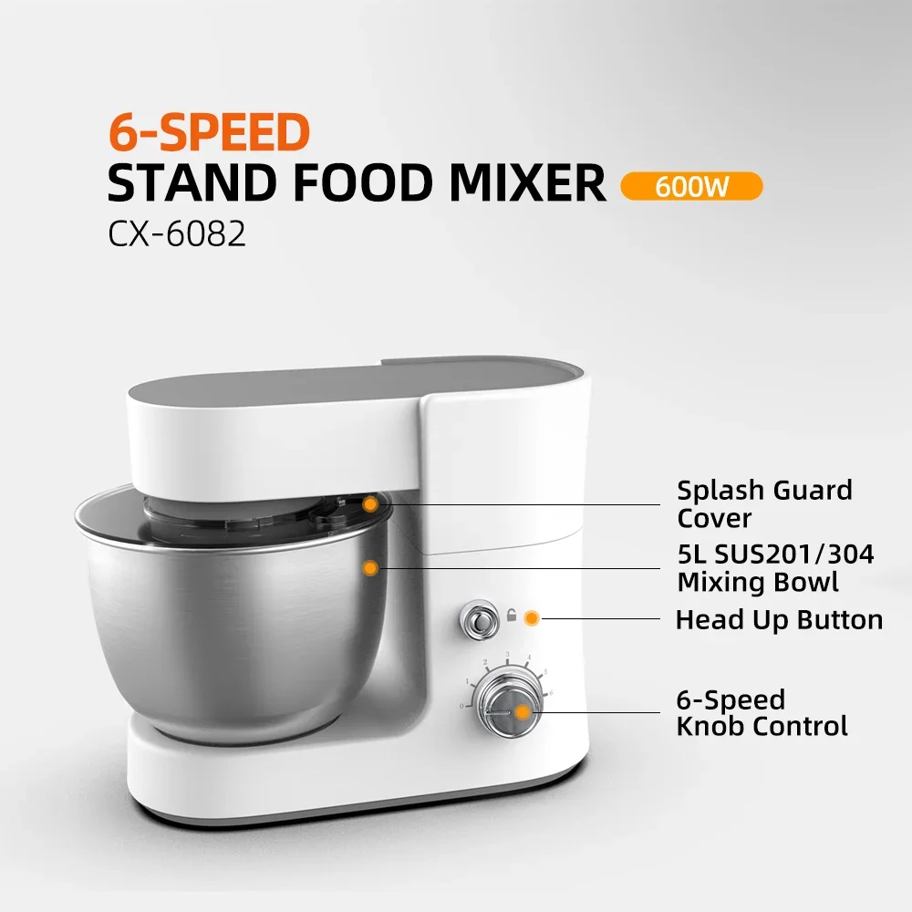 CX-6082 5L 6 Speed 600W Home Kitchen Flour Dough Egg Cake Electric Stand Food Mixer with Mixing Bowl