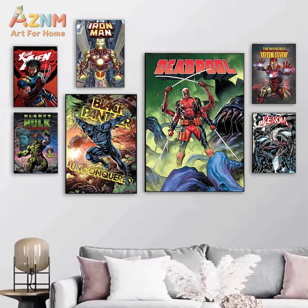 AZNM Marvel Superhero Comic Canvas Wall Art Frameless Print Spider‑Man Venom Iron Man Hulk Black‑Panther Deadpool Wolverine Ch