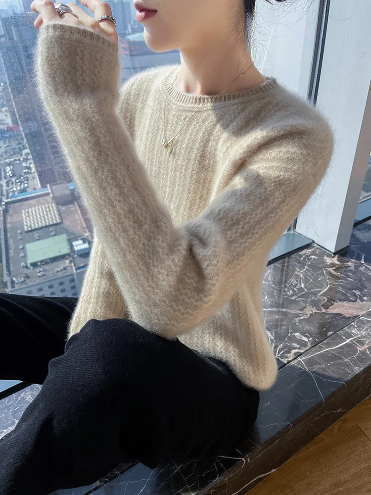 Water Wave Pattern Women New Round Neck Sweater 100% Merino Wool Thick Warm Pullover Autumn And Winter Cashmere Knit Korean Tops