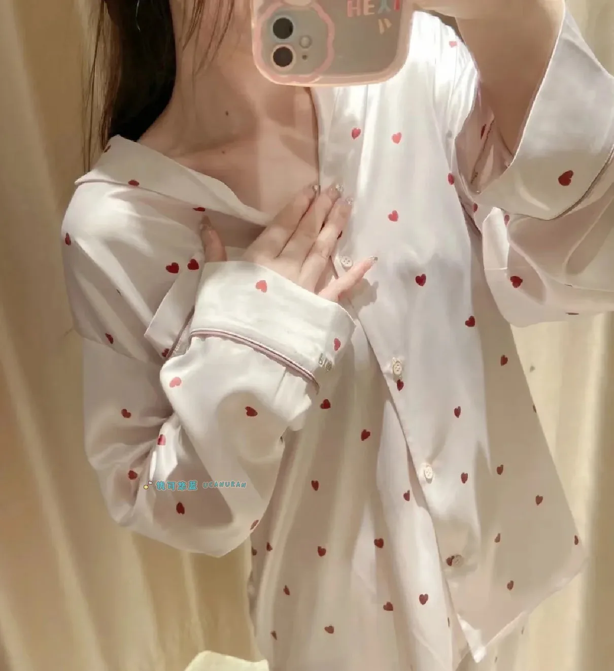 Japan Valentines Day Room Wear Ladies Women Pajamas Summer Cute Girl\'s Silk Sleepwear Lounge Wear Long  Set Trousers With Labels