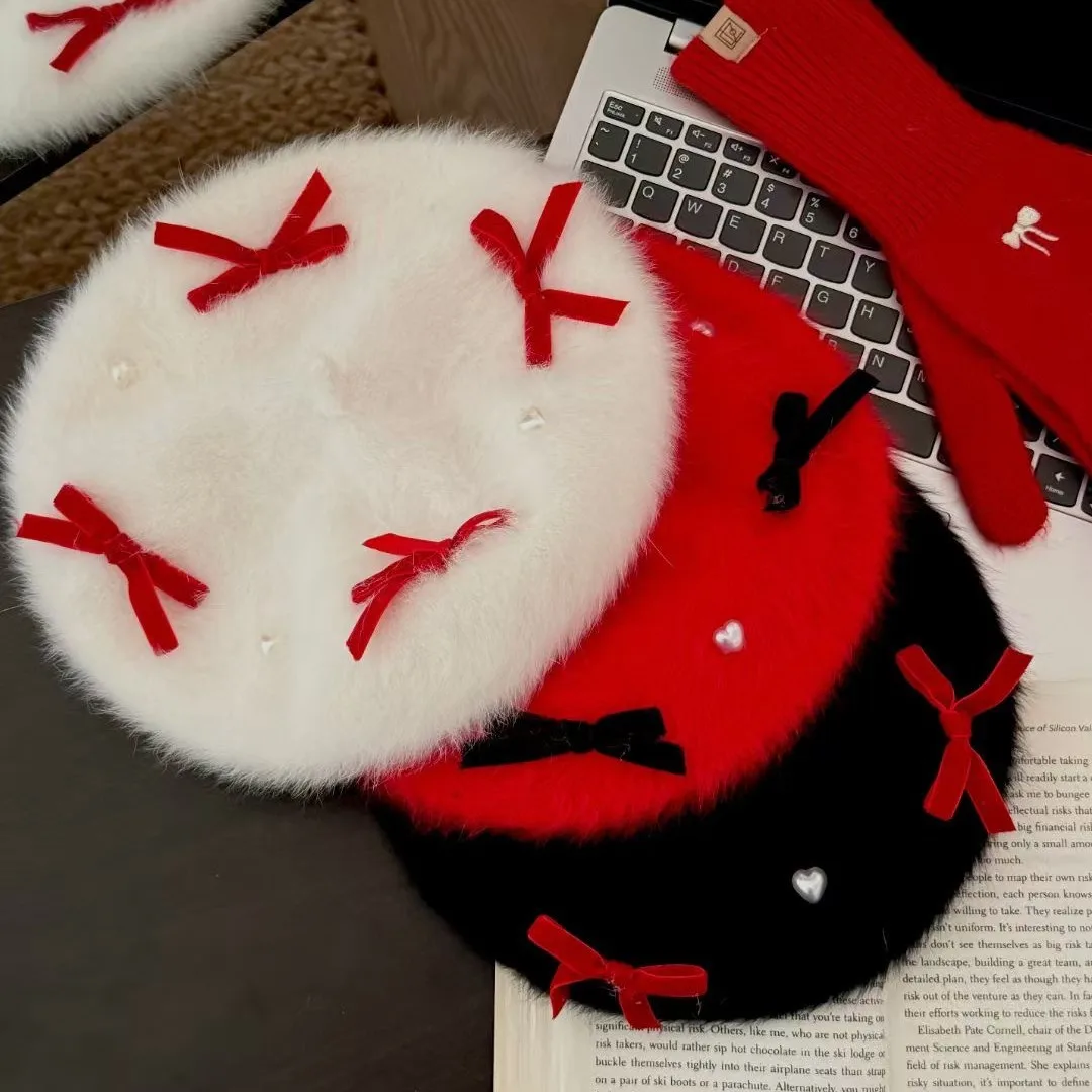 

Зимние шапки, женский берет из кроличьего меха с бантом и бусинами, женская милая кепка художника, французские береты, женские красные, черные, белые плоские кепки