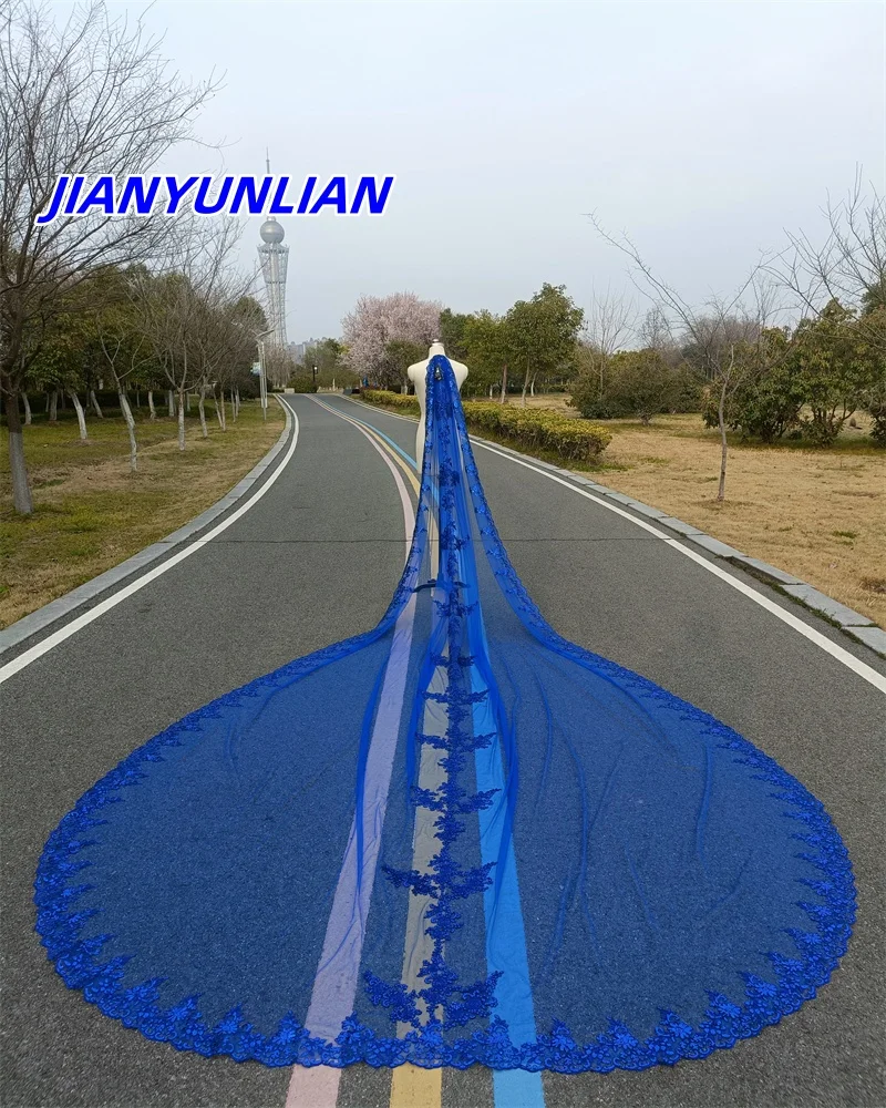 

Customized real photo Luxury New Royal Blue Green Bling Sequins Lace Long Cathedral Wedding Veil Colorful Bridal Veil with Comb