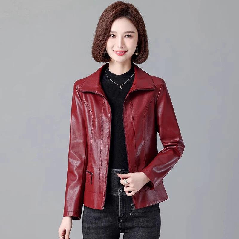 

New Women Casual Moto Biker Leather Jacket Spring Autumn Fashion Turn-down Collar Long Sleeve Short Split Leather Coat