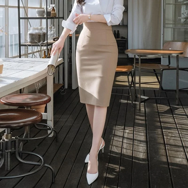 Drop Shipping Hip Fall Work Skirts for Women Khaki Midi Skirt with Slit High Waist Luxury Elegant Office Skirt Y2k Clothes