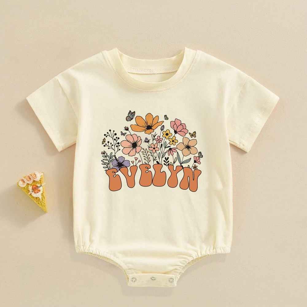 Personalized Bubble Romper Retro Daisy Wild Flower Baby Rompers Baby Girl Outfit Infant Custom Name Bodysuit Oversized