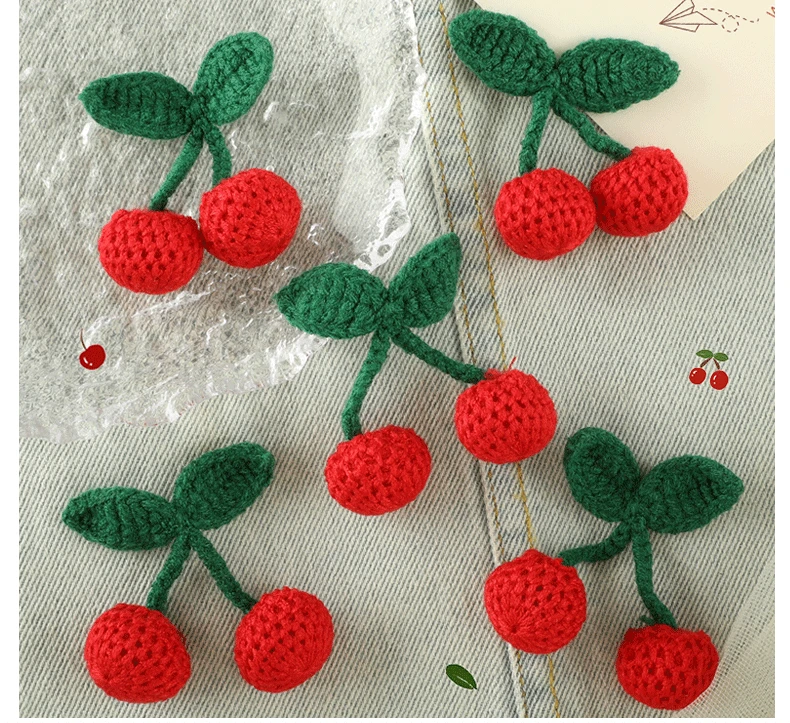 Hand Hook Cherry Crochet Knitting Flowers Handmade Knitting Flower Corsage Hairpin Pin Brooch Accessories Decorate DIY Appliques