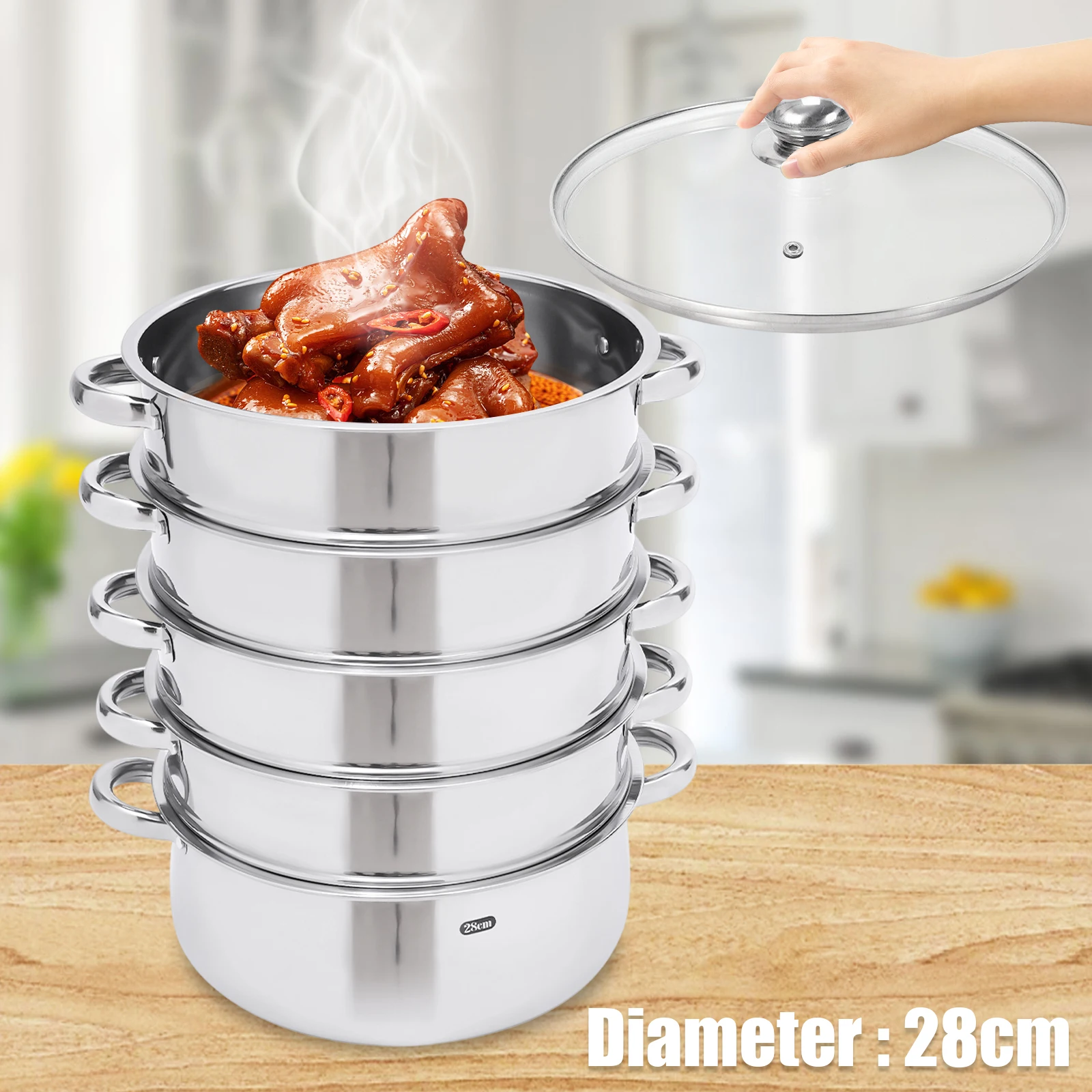 

5-Layer 28cm Stainless Steel Steamer For Cooking Steam, Stainless Steel Steam Cookware, Steel Vegetable Soup Basket With Lid