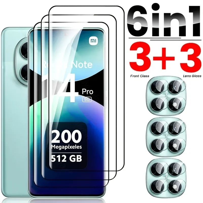 

6 In 1 Curved Tempered Glass with Camera Lens Film for Xiaomi Redmi Note 14 Pro 13 12 Pro Plus 11 10 Pro Max Glass Film