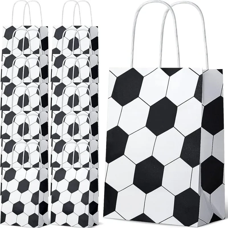 12Pcs Black White Soccer Birthday Party Bags Favor Paper Bag Football Theme Candy Bag with Handle Gift Bags Kids Party Supplies