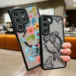 Flowers Butterfly Case For Samsung Galaxy S23 S24 S22 Ultra Plus S23 FE Magnetic For Magsafe Wireless Charging Clear Phone Cover