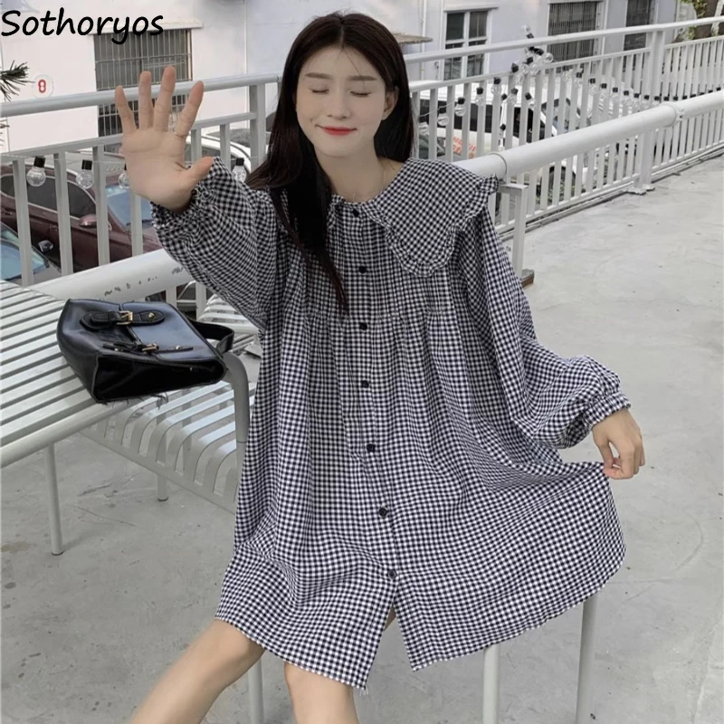 

Клетчатые рубашки с воротником Питера Пэна, женские свободные рубашки с оборками, нежная универсальная студенческая одежда в японском стиле, шикарная универсальная милая студенческая одежда