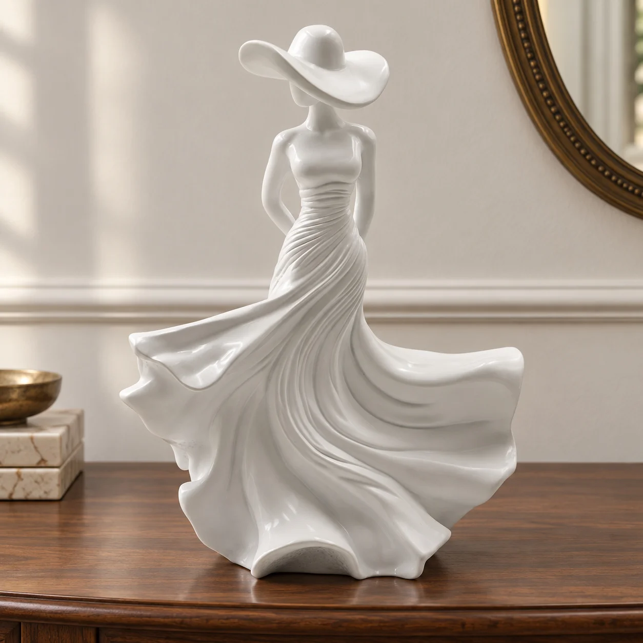 Wide-Brim Hat Faceless Woman Resin Sculpture Two Styles White Elegant Dress for Living Room Bedroom Shelf Desk Home Decor
