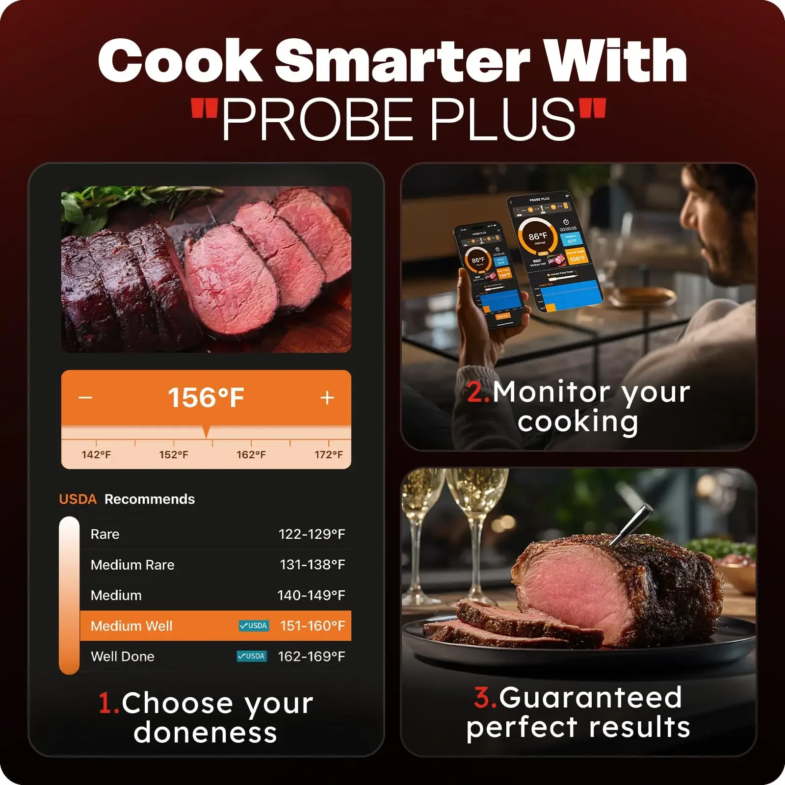 Termômetro de carne sem fio com bluetooth, termômetro inteligente para churrasqueira, termômetro digital de cozinha com sonda para forno fumante e cozinha