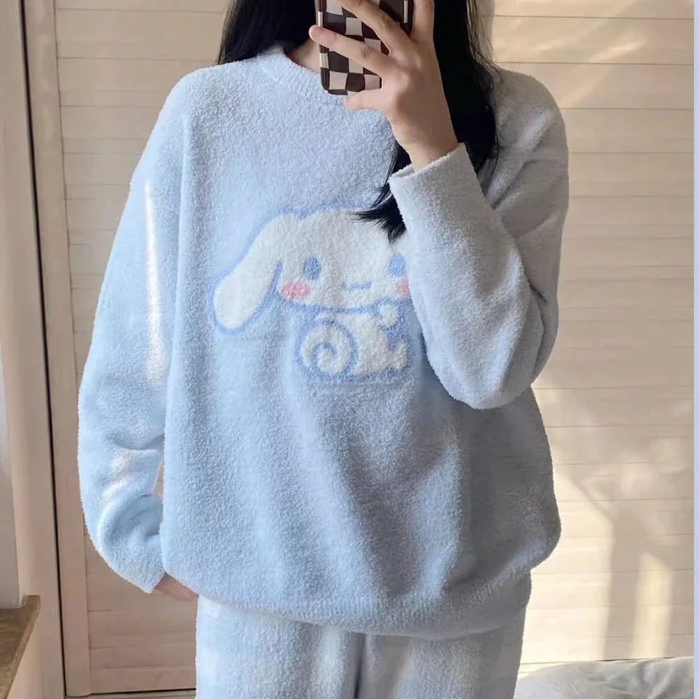 Kawaii Cinnamoroll Pajamas Set Sanrioed Cartoon Women Knitting Plush Homewear Anime Coral Fleece Cute Thickened Girls Tops Pants